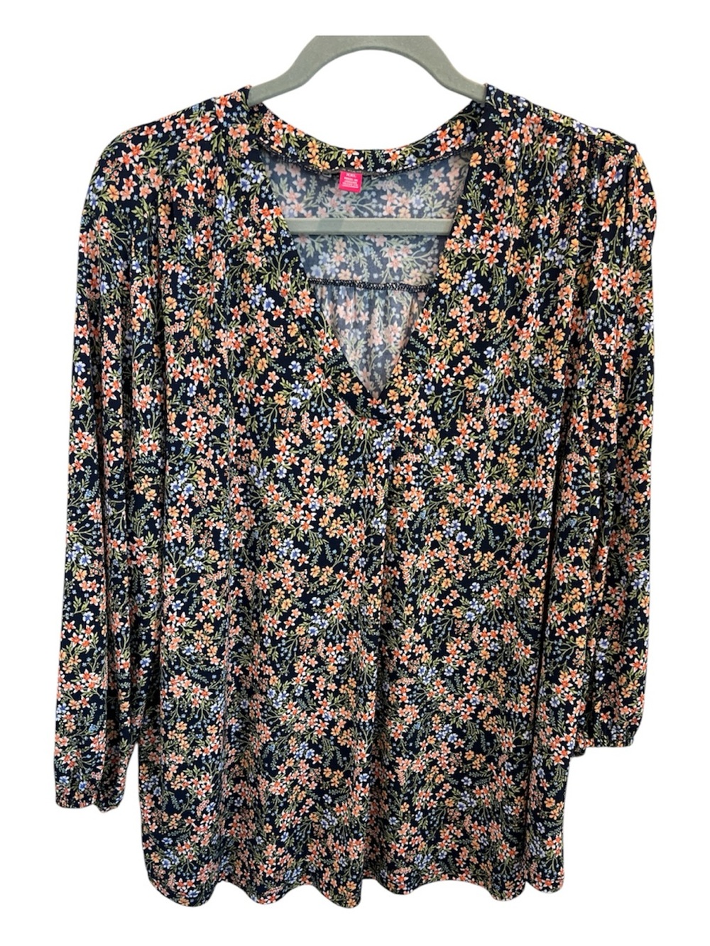 Vince Camuto XXL Navy Floral V Neck Stretch Blouse Top